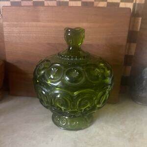 Vintage L.E. Smith Moons and Stars green glass candy dish 7”